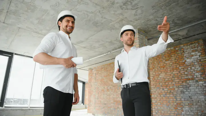 Two men in hard hats walking through an unfinished interior with exposed brick
