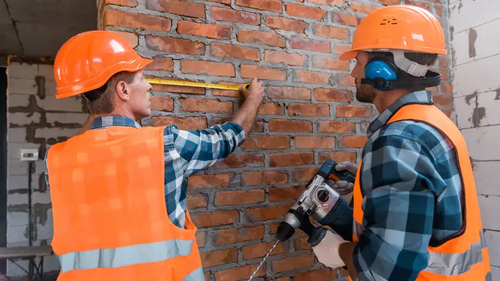 Two workers in orange vests measuring and drilling a brick wall
