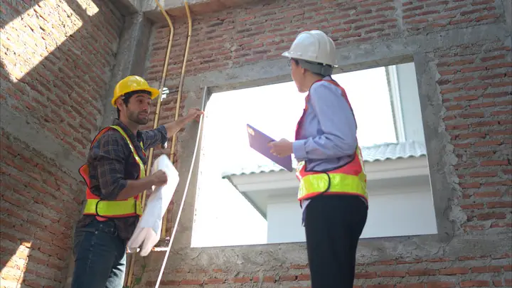 Two people in hard hats checking a window opening in a brick wall