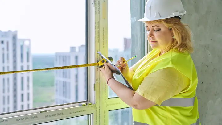 Woman in a hard hat measuring a window with a tape and taking notes