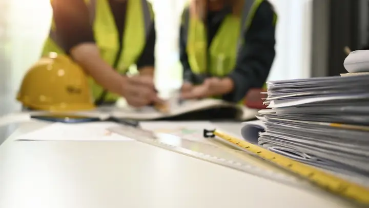 Two people in hi-vis vests going through a stack of documents