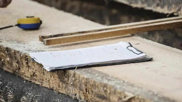Paperwork and a tape measure left on a rough plank on site