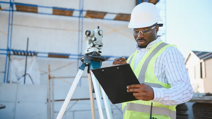 Surveyor in a hard hat with a clipboard beside a theodolite on a housing site