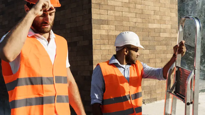 Tired worker in an orange hard hat wiping his brow beside a colleague on a ladder