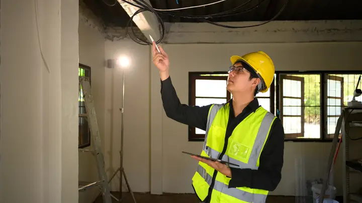 Worker in a hard hat with a tablet pointing at a ceiling during a snagging check