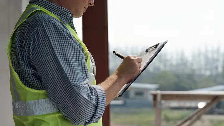 Worker in a hi-vis vest writing on a clipboard