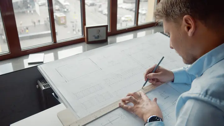 Man drawing on a large sheet at a desk by a window