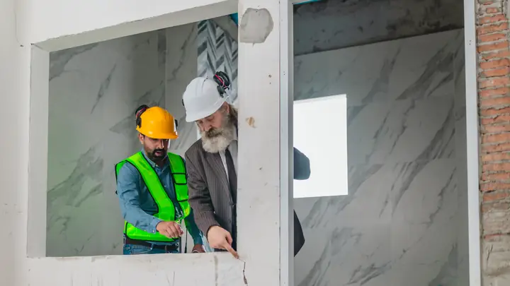 Two men in hard hats pointing at a wall inside a half-finished room