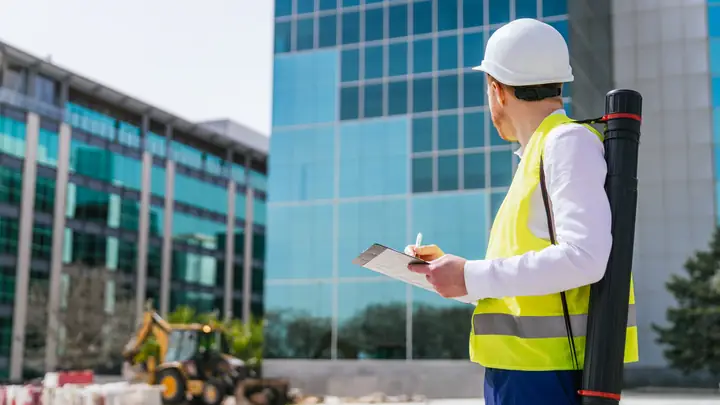 Engineer in a hi-vis vest making notes in front of a glass office building