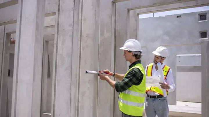 Two workers in hard hats measuring inside a precast concrete shell
