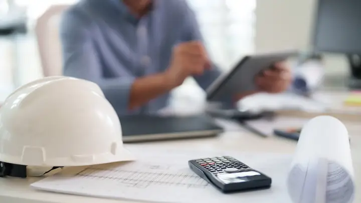 White hard hat, calculator and rolled drawings with a colleague using a tablet behind