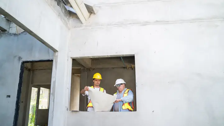Two workers in hard hats with drawings in a window opening of a concrete house