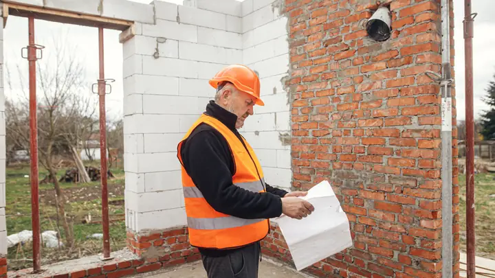 Older worker in an orange hard hat reading a drawing beside a brick and block wall
