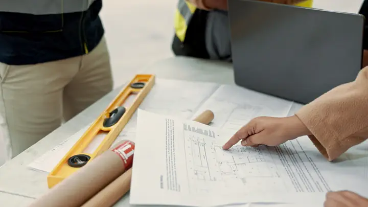Hand pointing at a drawing next to a level and rolled plans