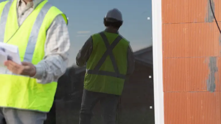 Two workers in hi-vis vests with papers at a new window on site