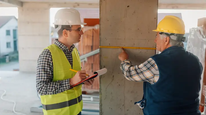 Two men measuring a concrete column with a tape, one holding a clipboard