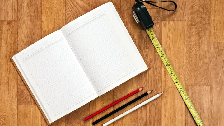 Open notebook, pencils and tape measure on a wooden table