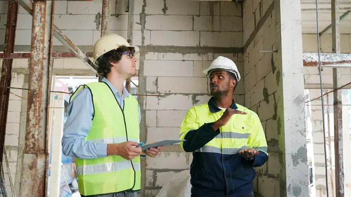 Two men in hi-vis vests going through a tablet inside a blockwork shell