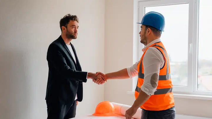 Client in a suit shaking hands with a worker in an orange vest in a finished room
