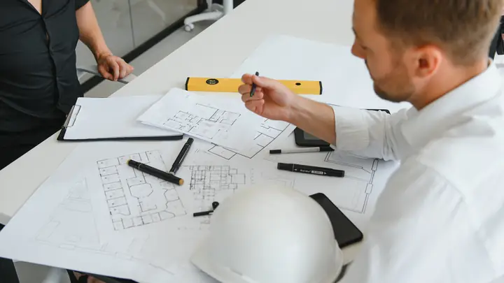 Man working through drawings at a desk with a white hard hat