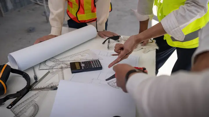 Team in hi-vis vests pointing at drawings with a calculator and ear defenders