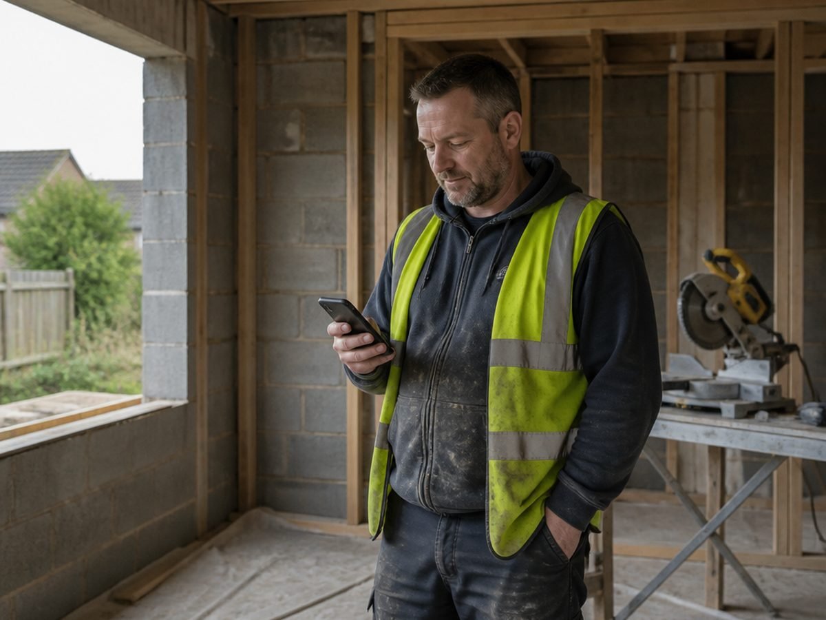 A builder on a timber-framed extension, checking a phone on site