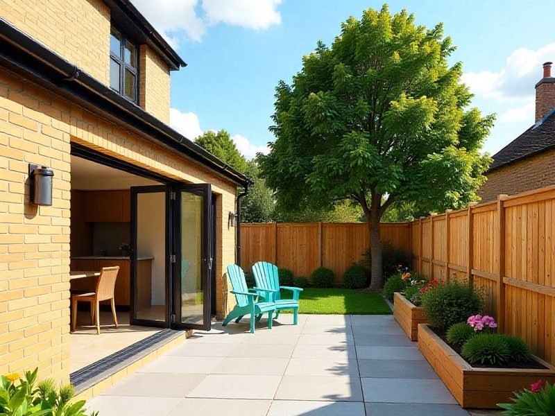 Rear extension with bifold doors opening onto a paved garden