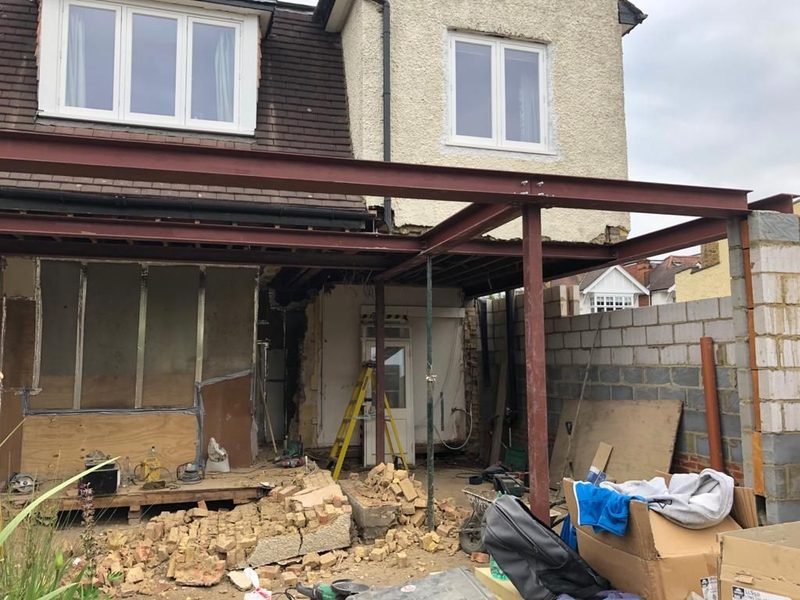 Structural steel frame for a rear extension on a London house
