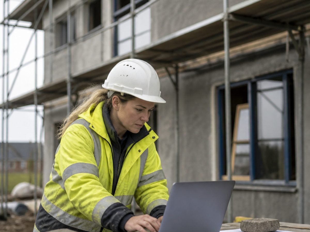 A site manager working on a laptop outside a house under scaffold