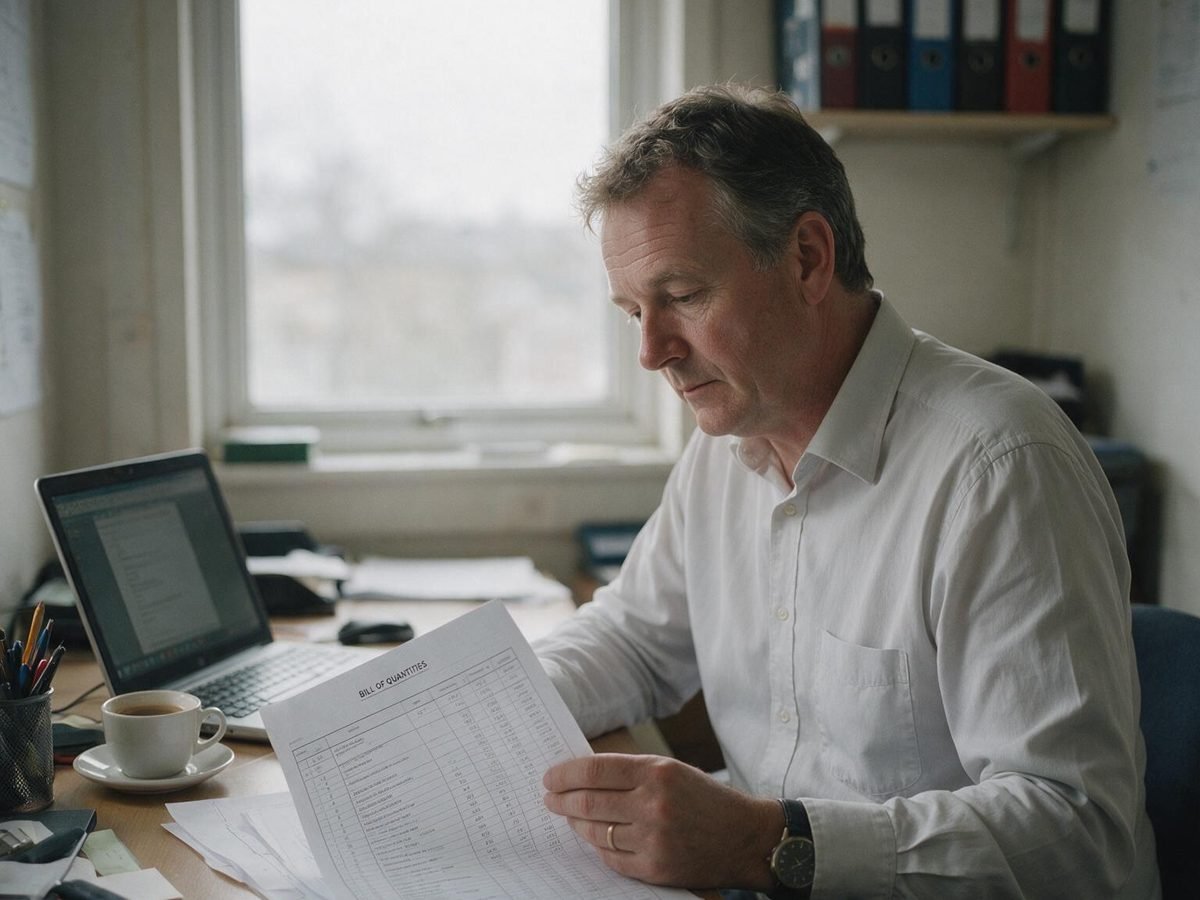 A quantity surveyor at a desk, reading a printed bill of quantities