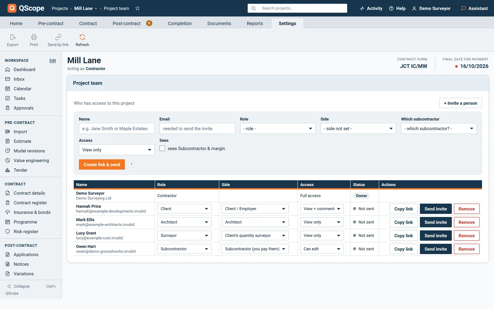 Inviting a guest: name, email, role, side and access level, and whether they see subcontractor and margin