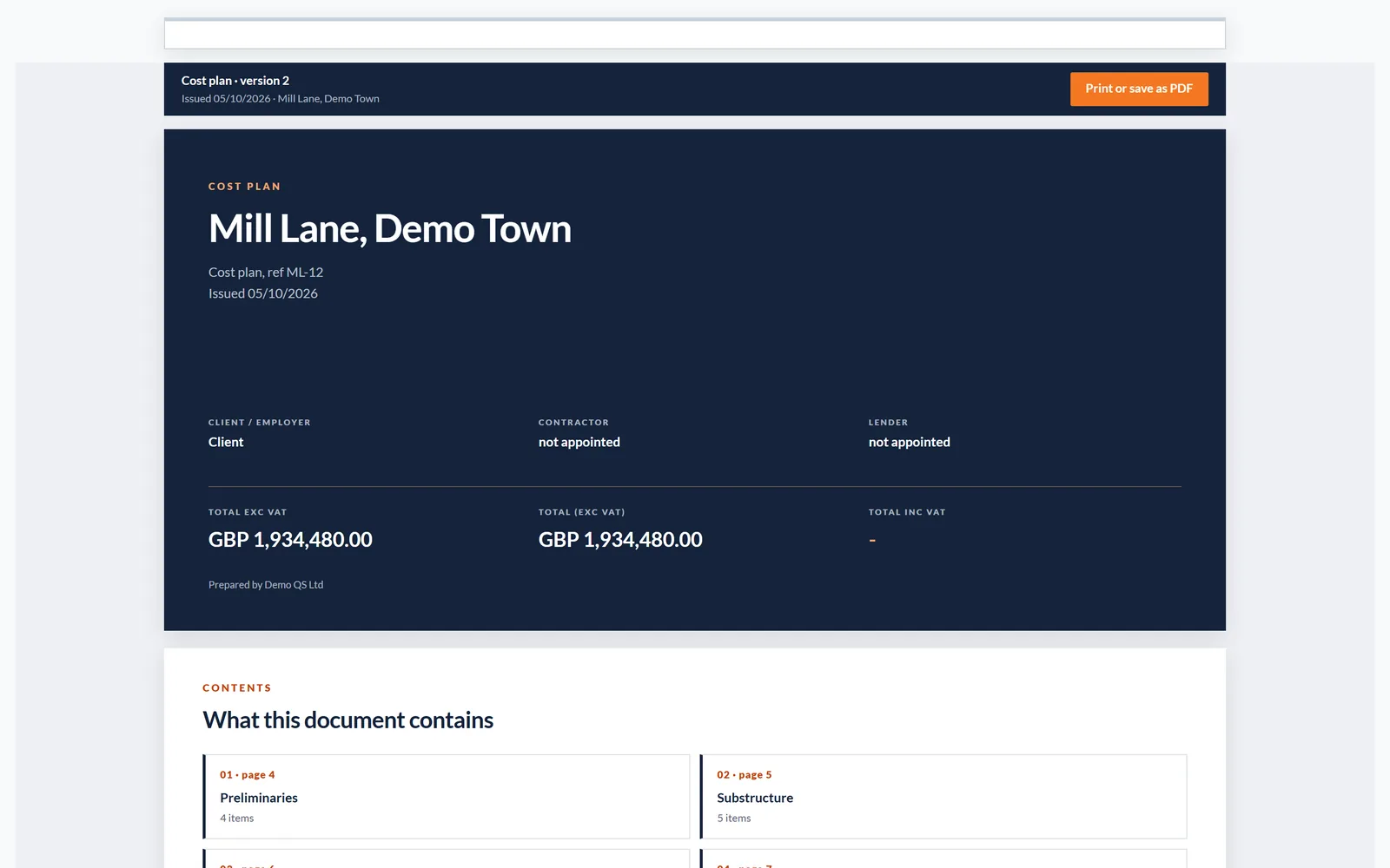 The page a cost plan link opens on: a saved version of the cost plan, read without an account