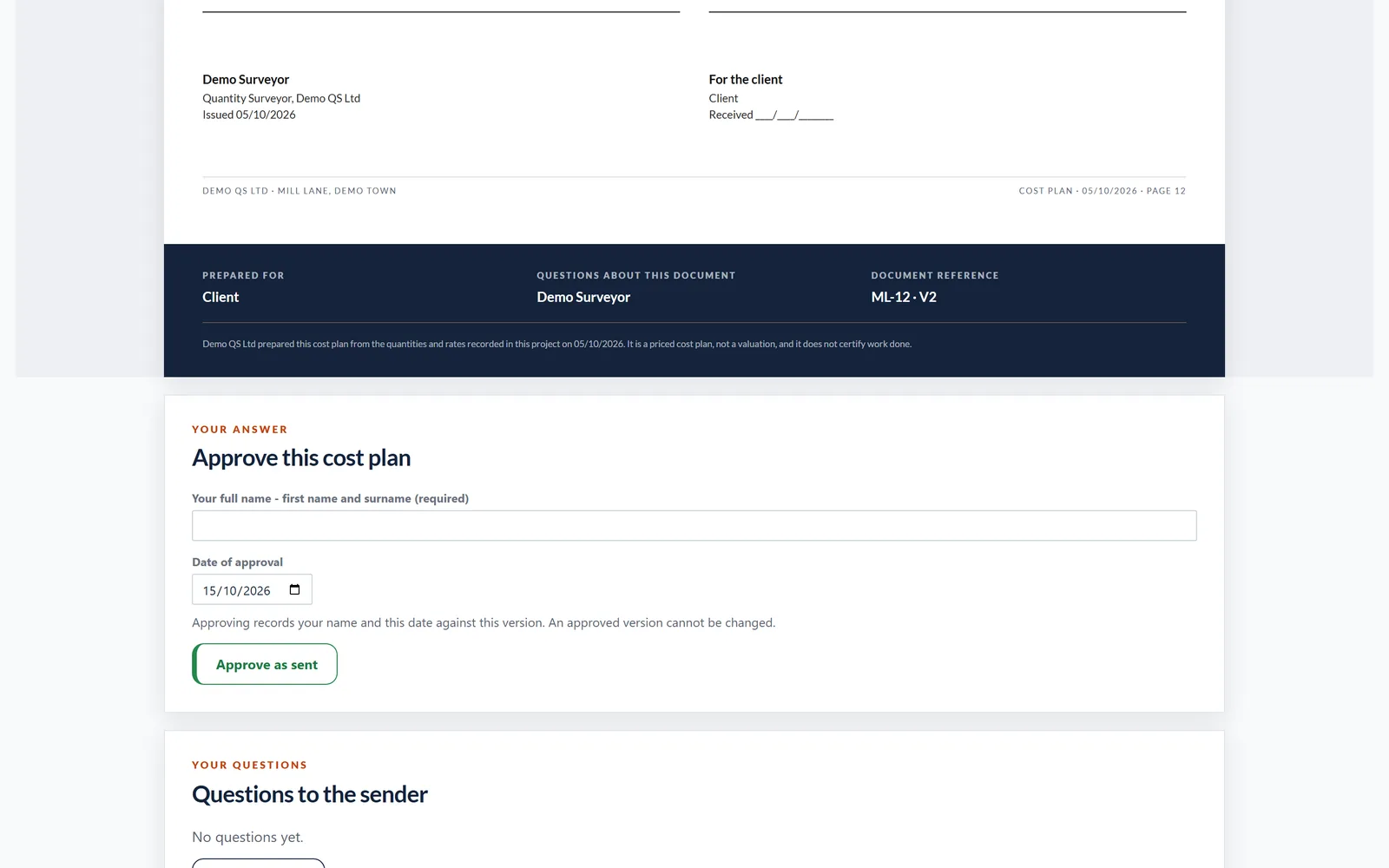 The end of the link page, where the client approves the cost plan or asks a question without an account