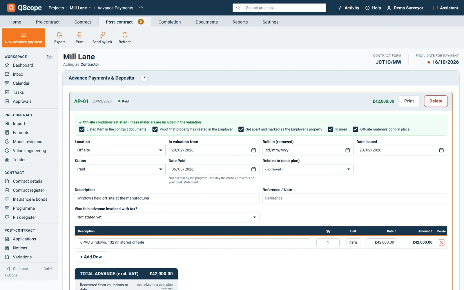 Advance Payments screen: an off-site advance with its conditions, status, dates and the cost plan line it belongs to