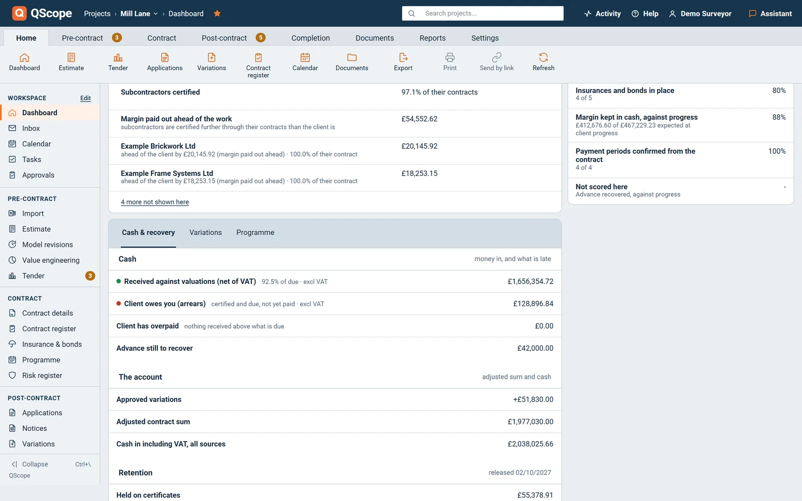 Dashboard cash and recovery: advance still to recover against the certified work