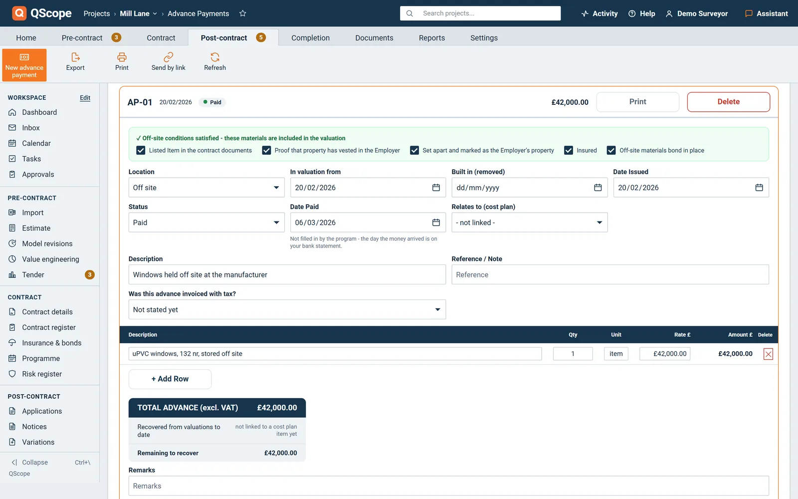 Advance AP-01: off-site conditions satisfied, location, status, dates issued and paid, and the amount