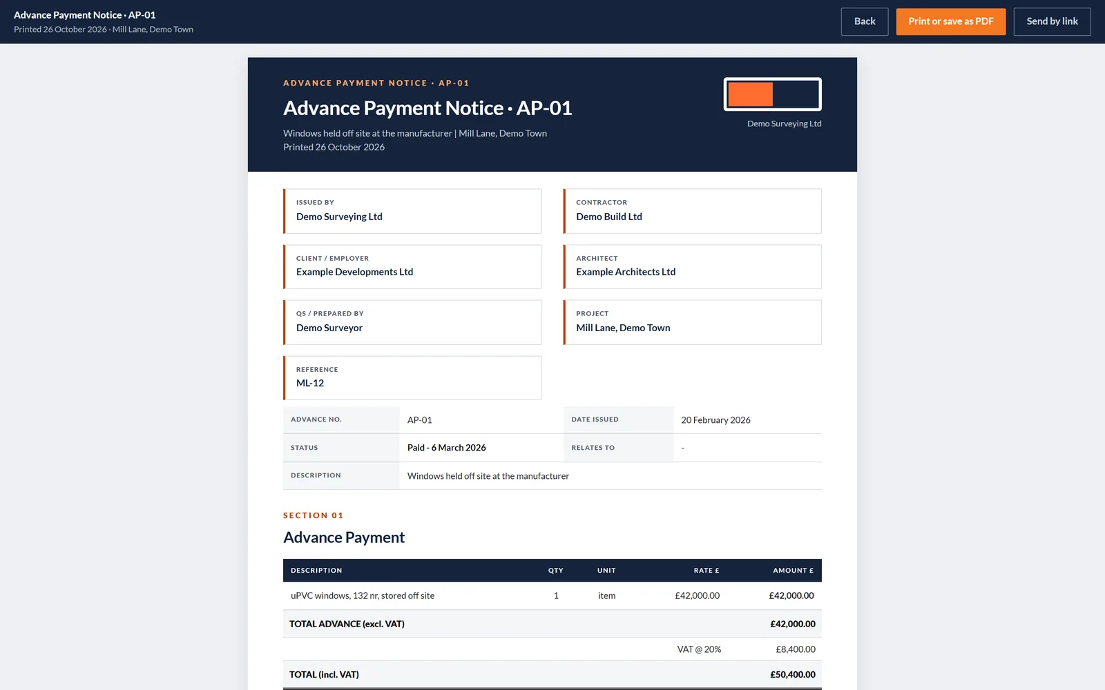 Printed Advance Payment Notice with the advance, its conditions and the parties