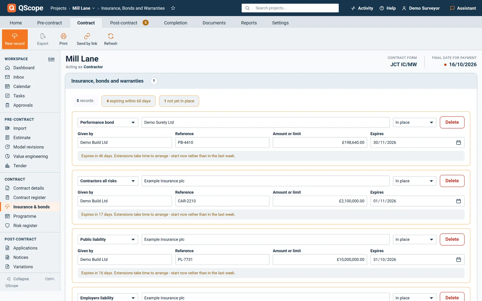 Insurance, bonds and warranties: each record with provider, amount, expiry and status