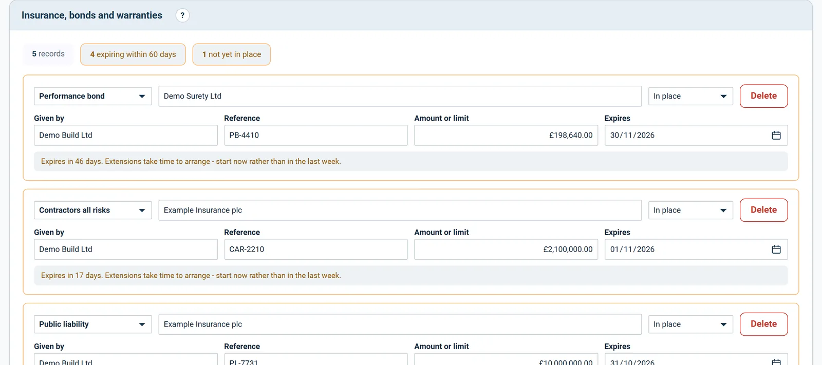 Bonds and policies with expiry warnings and records not yet in place