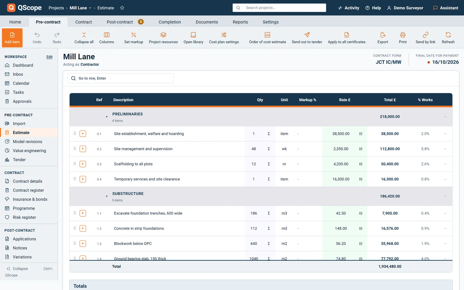 Estimate screen: sections and items with quantity, unit, rate and total