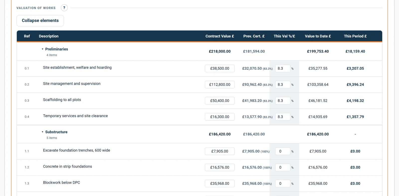 Each valuation line matched to its bill line: contract value, previous, this valuation and value to date