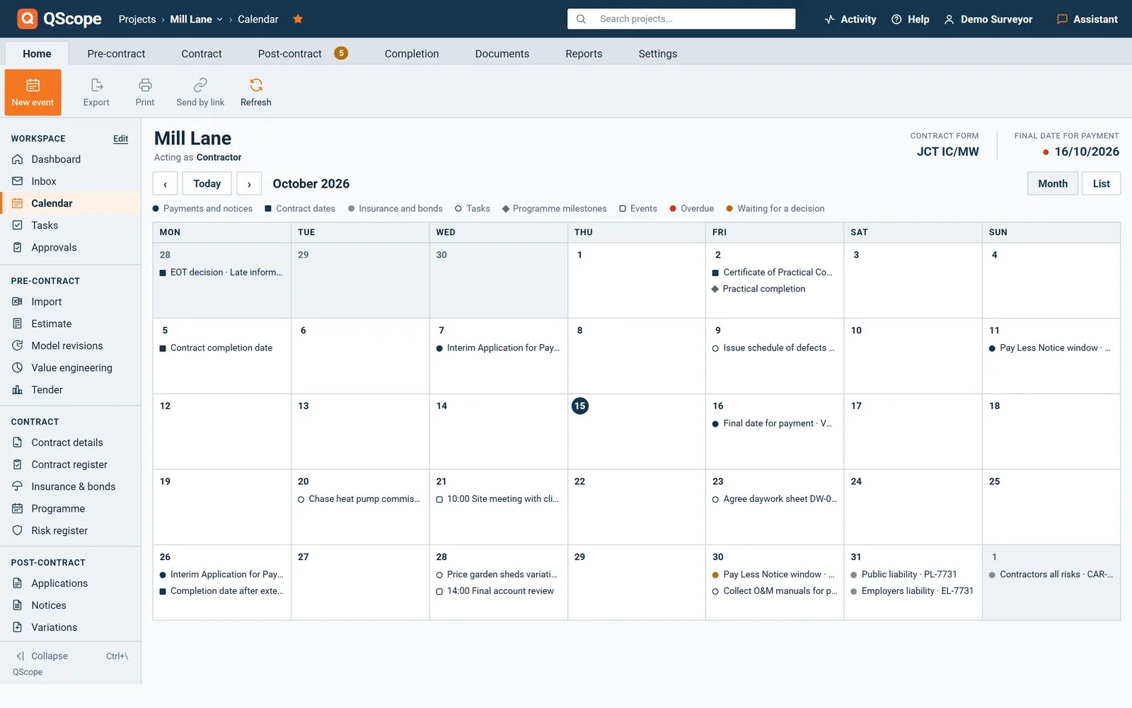 Calendar: final dates for payment, notice windows and programme dates in the month