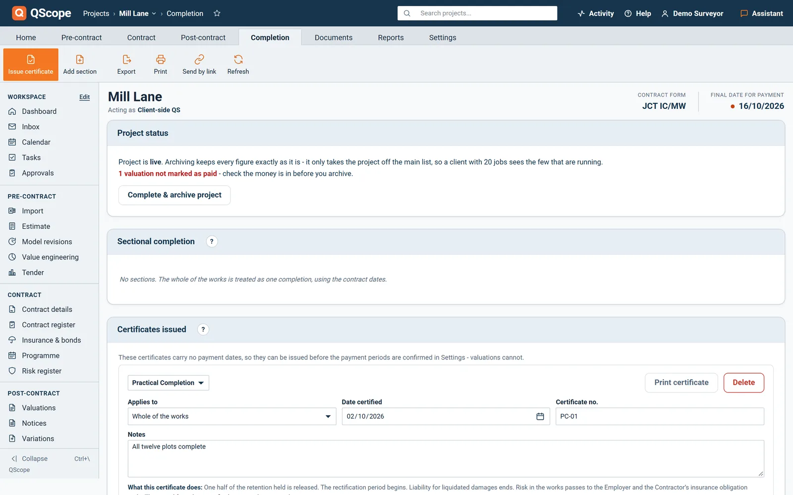 Completion and certificates screen: project status, sectional completion and certificates issued