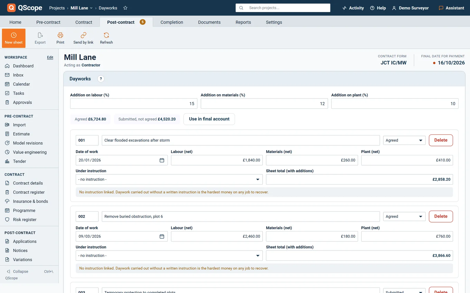 Dayworks screen: sheets with labour, materials and plant, the percentage additions and status