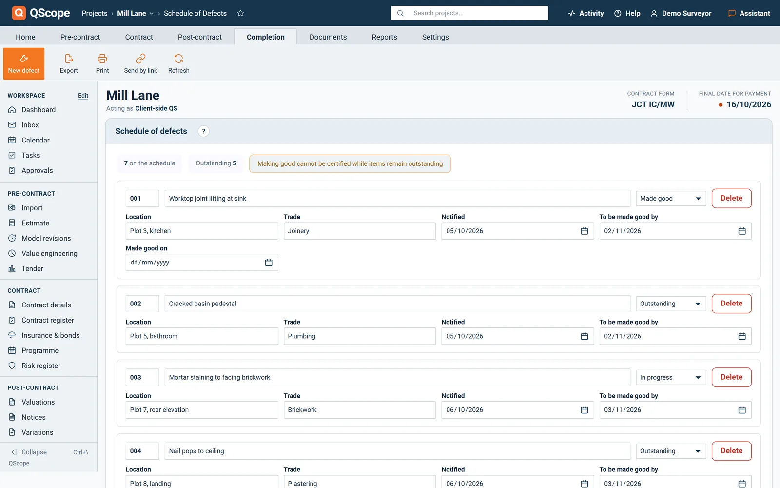 Schedule of defects: location, description, trade, dates and status for each defect