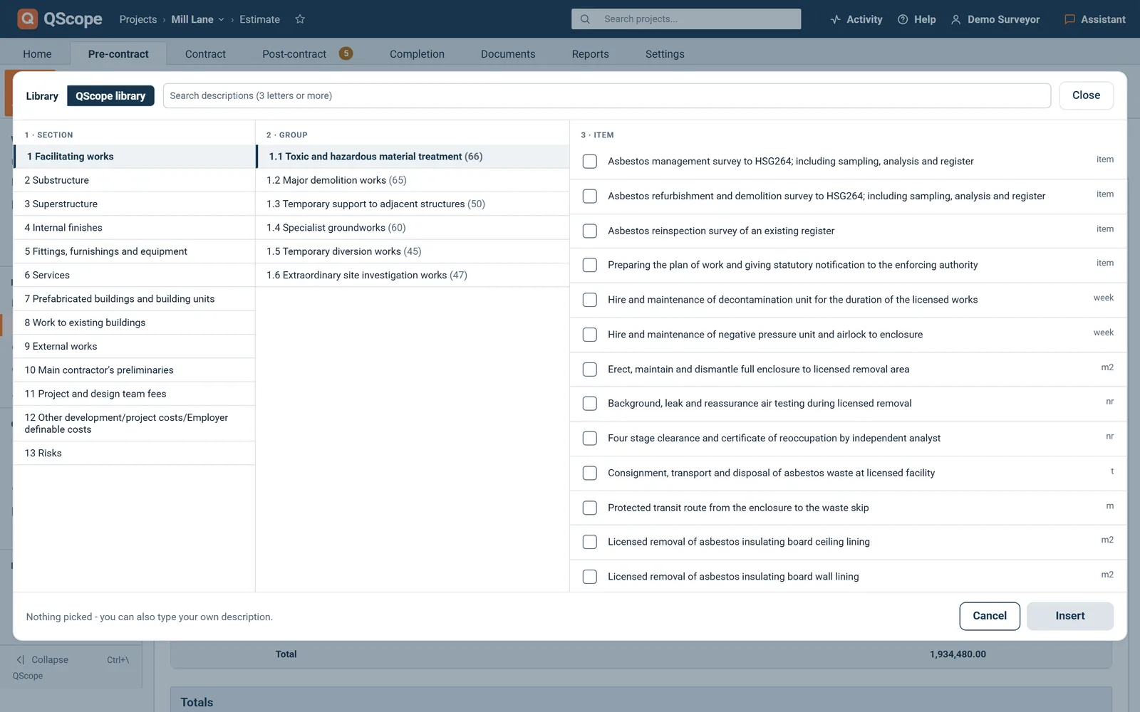 Open library: the QScope library on the NRM1 tree, by section, group and item, with descriptions and units and no prices