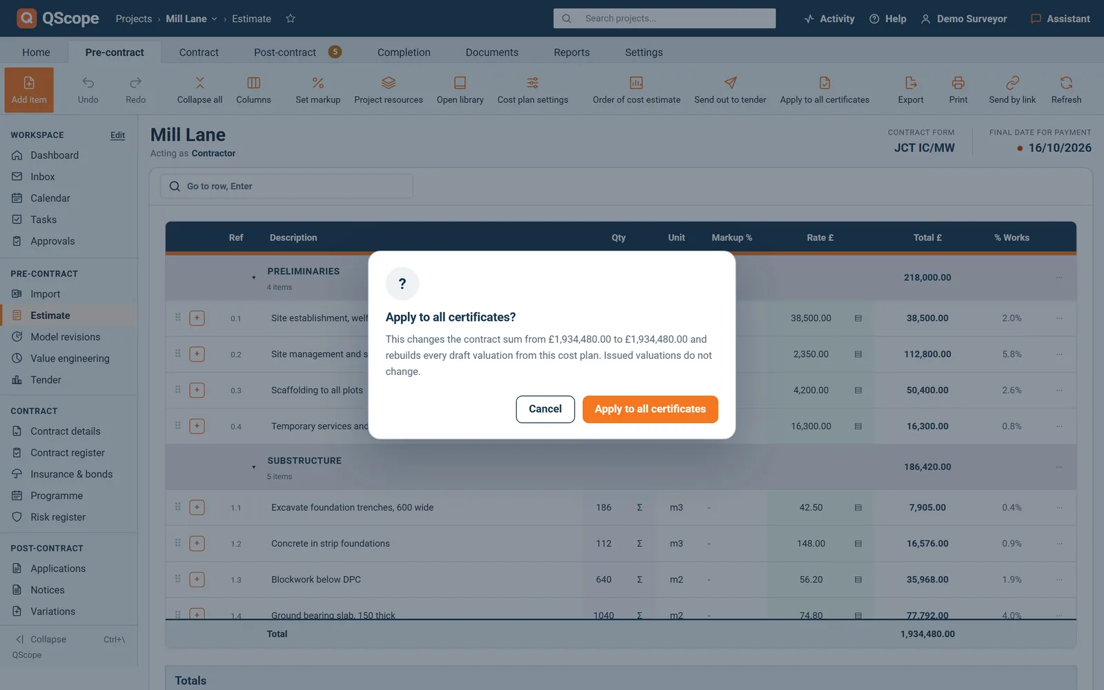 Apply to all certificates: the estimate total becomes the contract sum and the draft valuations are rebuilt