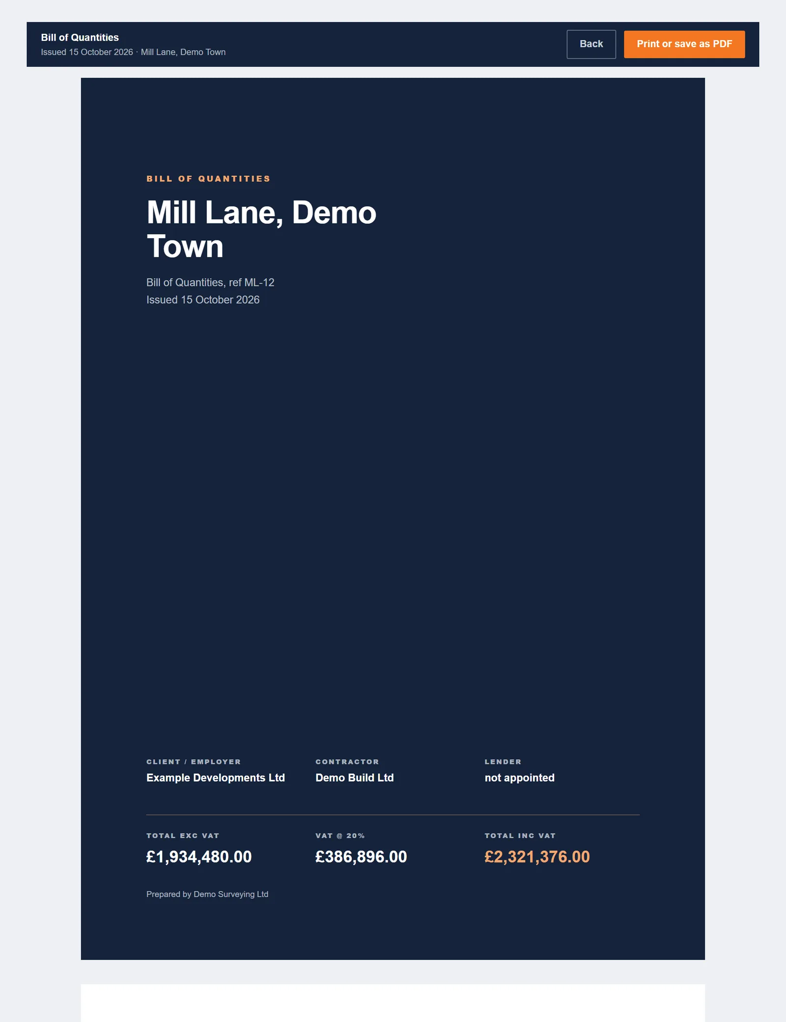 Printed cost plan in sections with quantities, rates and totals