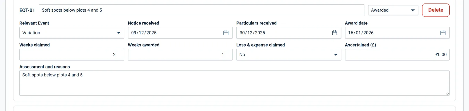 An event with weeks claimed and awarded, and whether loss and expense is claimed