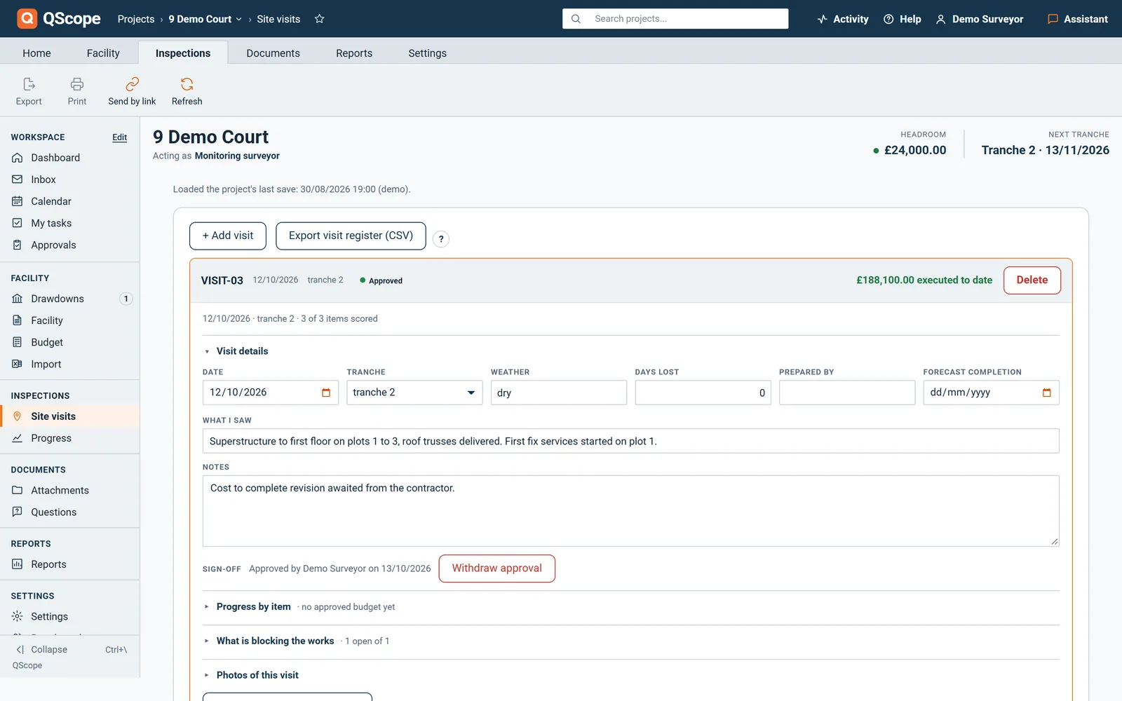 Site visits: date, tranche, weather, days lost, what was seen, blockers and progress by element